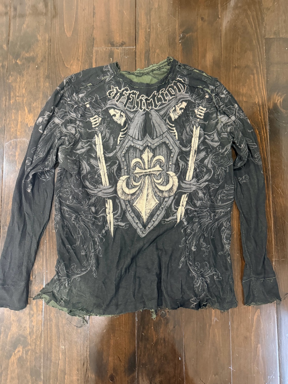 Affliction Black Long-Sleeve Graphic Shield Tee with Beige Accents